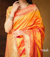 Exclusive Muniya Border - Authentic Handloom Pure Silk Muniya Border Paithani with Exclusive Pallu and Buttis - Dual Tone Beautiful Orange Pink - verymuchindian.com