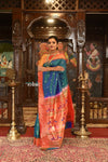 Exclusive Muniya Border - Authentic Handloom Pure Silk Muniya Border Paithani With Peacock Pallu - Dual Tone Blue Green - verymuchindian.com