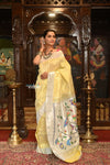 Exclusive Muniya Border - Authentic Handloom Pure Silk Muniya Border Paithani With Tissue Lines and Grand Pallu ~Tuscany Yellow - verymuchindian.com