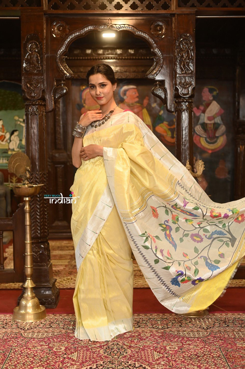 Exclusive Muniya Border - Authentic Handloom Pure Silk Muniya Border Paithani With Tissue Lines and Grand Pallu ~Tuscany Yellow - verymuchindian.com