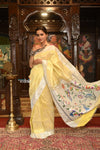 Exclusive Muniya Border - Authentic Handloom Pure Silk Muniya Border Paithani With Tissue Lines and Grand Pallu ~Tuscany Yellow - verymuchindian.com