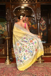 Exclusive Muniya Border - Authentic Handloom Pure Silk Muniya Border Paithani With Tissue Lines and Grand Pallu ~Tuscany Yellow - verymuchindian.com