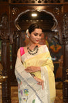 Exclusive Muniya Border - Authentic Handloom Pure Silk Muniya Border Paithani With Tissue Lines and Grand Pallu ~Tuscany Yellow - verymuchindian.com