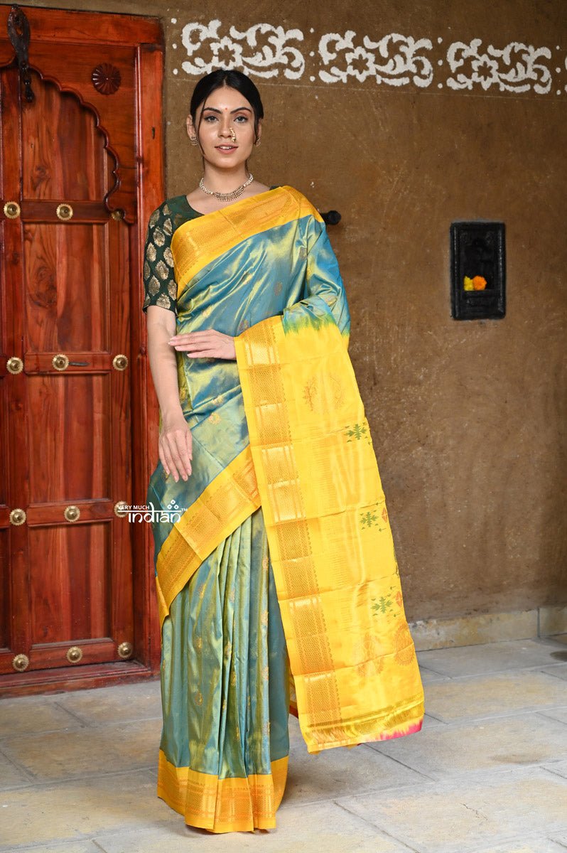 Exclusive Rajsi~ Pure Silk Handloom - Maharani Paithani in Elegant Teal Blue with Rich Sunshine Yellow Silk Border - verymuchindian.com