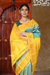 Exclusive Rajsi~ Pure Silk Handloom - Maharani Paithani in Elegant Teal Blue with Rich Sunshine Yellow Silk Border - verymuchindian.com