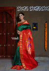 Exclusive Rajsi~ Pure Silk Handloom - Maharani Paithani in Rich Forest Green with Rich Red Border (Available in Floral Buttis) - verymuchindian.com