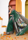 EXCLUSIVE! Traditional Handloom Dark Green Muniya Border Cotton Paithani With Parrot Pallu - verymuchindian.com