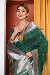 EXCLUSIVE! Traditional Handloom Dark Green Muniya Border Cotton Paithani With Parrot Pallu - verymuchindian.com