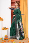 EXCLUSIVE! Traditional Handloom Dark Green Muniya Border Cotton Paithani With Parrot Pallu - verymuchindian.com