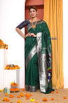 EXCLUSIVE! Traditional Handloom Dark Green Muniya Border Cotton Paithani With Parrot Pallu - verymuchindian.com