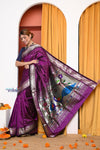 EXCLUSIVE! Traditional Handloom Wine Paithani With Intricate Silver Zari Weave (Shipping in 7 days) (By Govt Certified Weavers) - verymuchindian.com