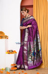 EXCLUSIVE! Traditional Handloom Wine Paithani With Intricate Silver Zari Weave (Shipping in 7 days) (By Govt Certified Weavers) - verymuchindian.com