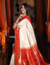 Exclusive Triple Muniya - Authentic Handloom Pure Silk Triple Muniya Border Paithani - Off White with Zari Checks all over Saree(High Quality Silk) - verymuchindian.com