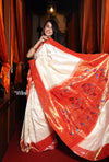 Exclusive Triple Muniya - Authentic Handloom Pure Silk Triple Muniya Border Paithani - Off White with Zari Checks all over Saree(High Quality Silk) - verymuchindian.com