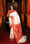 Exclusive Triple Muniya - Authentic Handloom Pure Silk Triple Muniya Border Paithani - Off White with Zari Checks all over Saree(High Quality Silk) - verymuchindian.com