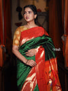 Exclusive Triple Muniya Border Paithani- Authentic Handloom Pure Silk Triple Muniya with Parrots Pallu - Zari Stripes (High Quality Silk) - verymuchindian.com