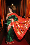 Exclusive Triple Muniya Border Paithani- Authentic Handloom Pure Silk Triple Muniya with Parrots Pallu - Zari Stripes (High Quality Silk) - verymuchindian.com