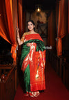 Exclusive Triple Muniya Border Paithani- Authentic Handloom Pure Silk Triple Muniya with Parrots Pallu - Zari Stripes (High Quality Silk) - verymuchindian.com