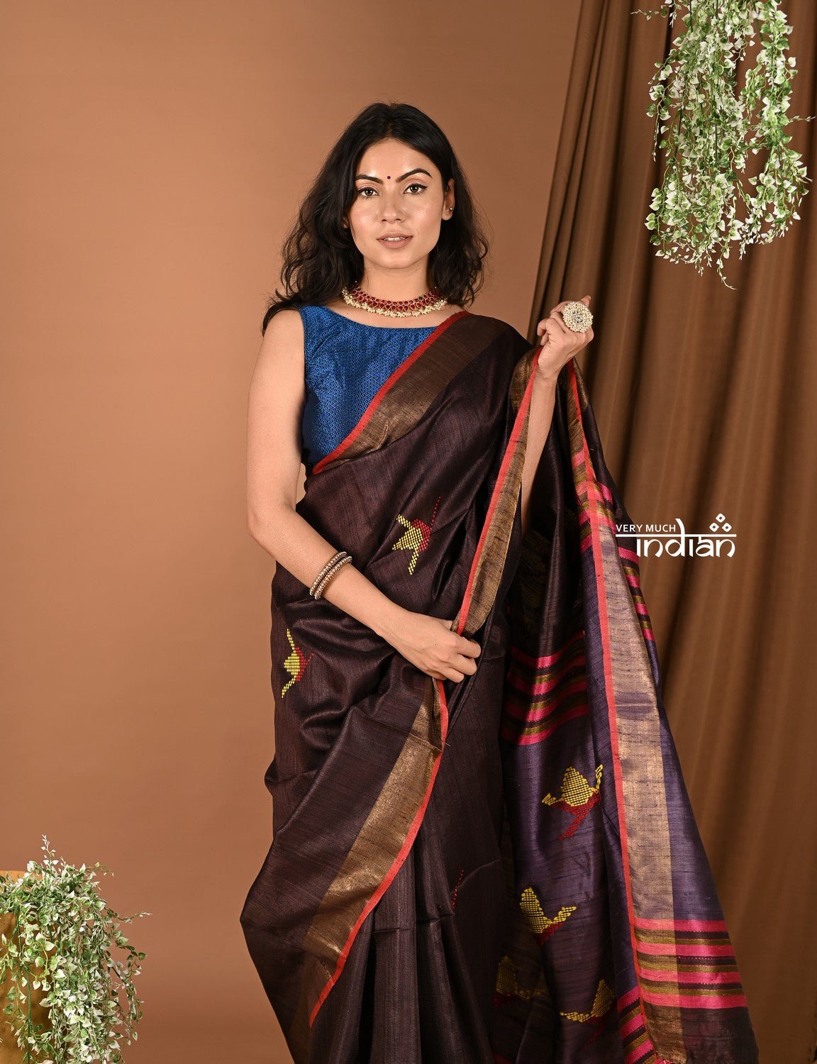 Handloom and Charkha Woven Pure Dupion Silk by Govt certified Weavers - Dark brown - verymuchindian.com