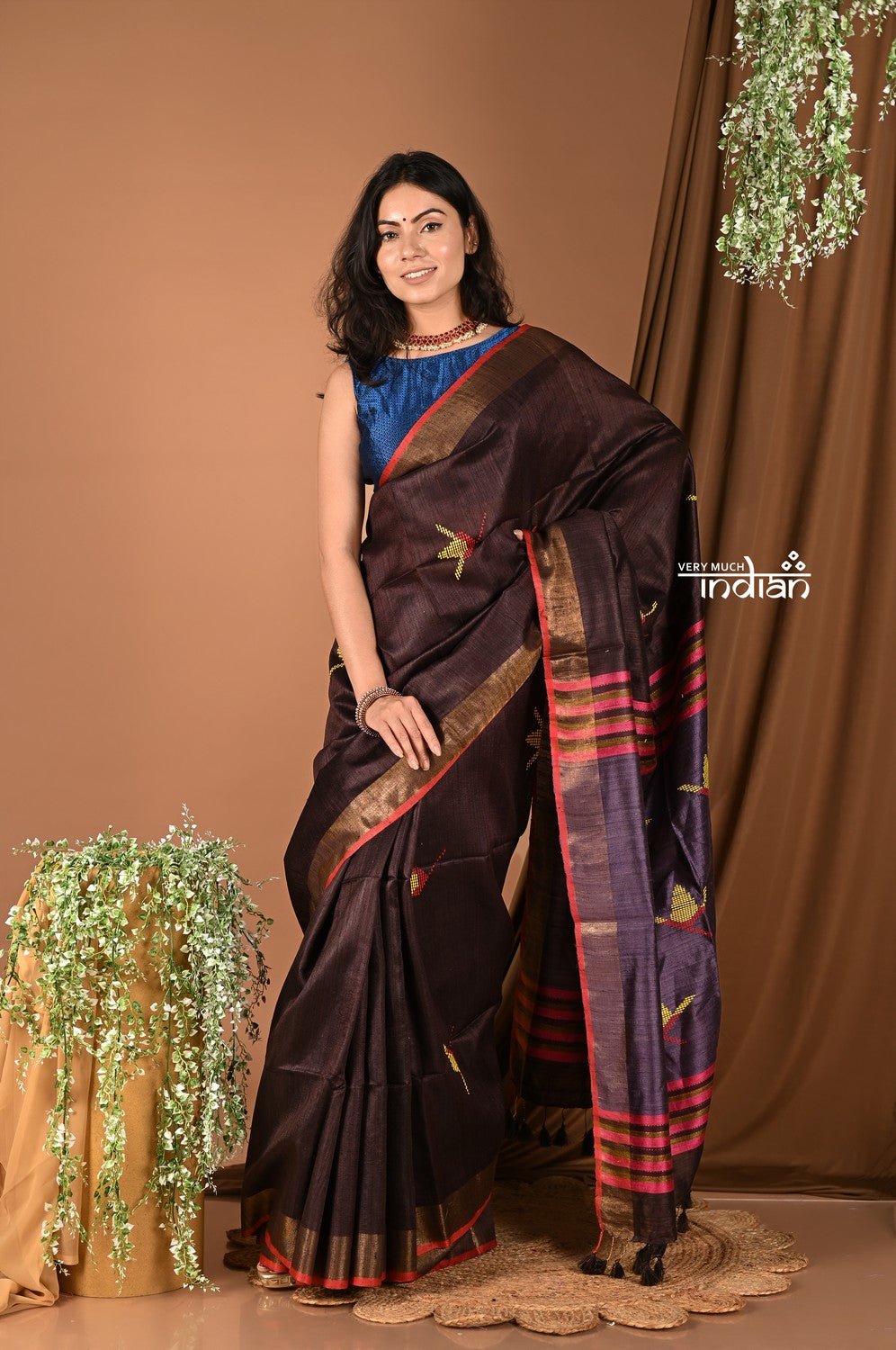 Handloom and Charkha Woven Pure Dupion Silk by Govt certified Weavers - Dark brown - verymuchindian.com