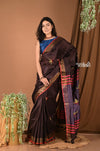 Handloom and Charkha Woven Pure Dupion Silk by Govt certified Weavers - Dark brown - verymuchindian.com