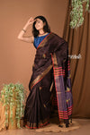 Handloom and Charkha Woven Pure Dupion Silk by Govt certified Weavers - Dark brown - verymuchindian.com