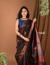 Handloom and Charkha Woven Pure Dupion Silk by Govt certified Weavers - Dark brown - verymuchindian.com