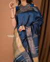 Handloom and Charkha Woven Pure Dupion Silk by Govt certified Weavers - Navy Blue - verymuchindian.com