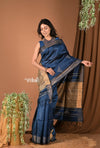 Handloom and Charkha Woven Pure Dupion Silk by Govt certified Weavers - Navy Blue - verymuchindian.com