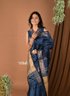 Handloom and Charkha Woven Pure Dupion Silk by Govt certified Weavers - Navy Blue - verymuchindian.com