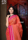 Handloom Cotton Silk Ilkal Saree with Pure Resham Pallu - Coral with Rose Pink Border - verymuchindian.com