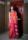 Handloom Cotton Silk Ilkal Saree with Pure Resham Pallu - Coral with Rose Pink Border - verymuchindian.com