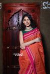 Handloom Cotton Silk Ilkal Saree with Pure Resham Pallu - Coral with Rose Pink Border - verymuchindian.com