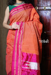Handloom Cotton Silk Ilkal Saree with Pure Resham Pallu - Coral with Rose Pink Border - verymuchindian.com