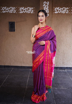Handloom Cotton Silk Ilkal Saree with Pure Resham Pallu - Dual Tone Purple with Pink Border - verymuchindian.com