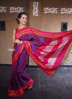 Handloom Cotton Silk Ilkal Saree with Pure Resham Pallu - Dual Tone Purple with Pink Border - verymuchindian.com