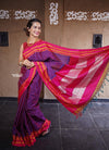 Handloom Cotton Silk Ilkal Saree with Pure Resham Pallu - Dual Tone Purple with Pink Border - verymuchindian.com