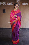 Handloom Cotton Silk Ilkal Saree with Pure Resham Pallu - Dual Tone Purple with Pink Border - verymuchindian.com