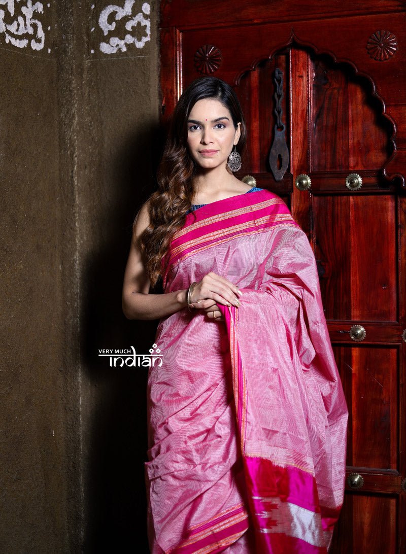 Handloom Cotton Viscose Ilkal Saree with Pure Resham Pallu - Baby Pink with Rose Pink Border - verymuchindian.com