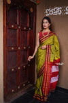Handloom Cotton Viscose Ilkal Saree with Pure Resham Pallu - Bright Green Shade with Red Border - verymuchindian.com