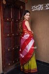 Handloom Cotton Viscose Ilkal Saree with Pure Resham Pallu - Bright Green Shade with Red Border - verymuchindian.com