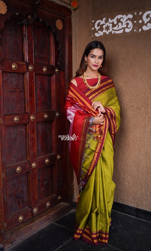 Handloom Cotton Viscose Ilkal Saree with Pure Resham Pallu - Bright Green Shade with Red Border - verymuchindian.com