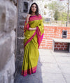 Handloom Cotton Viscose Ilkal Saree with Pure Resham Pallu - Bright Green with Pink Border - verymuchindian.com