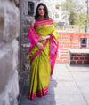Handloom Cotton Viscose Ilkal Saree with Pure Resham Pallu - Bright Green with Pink Border - verymuchindian.com
