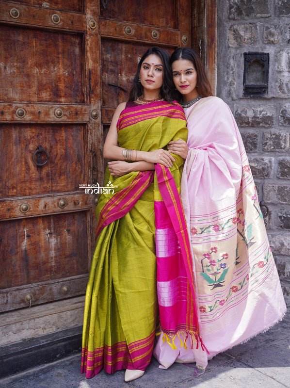 Handloom Cotton Viscose Ilkal Saree with Pure Resham Pallu - Bright Green with Pink Border - verymuchindian.com