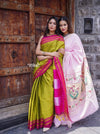 Handloom Cotton Viscose Ilkal Saree with Pure Resham Pallu - Bright Green with Pink Border - verymuchindian.com