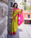Handloom Cotton Viscose Ilkal Saree with Pure Resham Pallu - Bright Green with Pink Border - verymuchindian.com