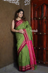 Handloom Cotton Viscose Ilkal Saree with Pure Resham Pallu - Bright Green with Rose Pink Border - verymuchindian.com