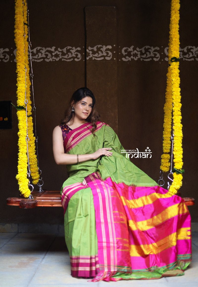 Handloom Cotton Viscose Ilkal Saree with Pure Resham Pallu - Bright Green with Rose Pink Border - verymuchindian.com