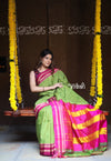 Handloom Cotton Viscose Ilkal Saree with Pure Resham Pallu - Bright Green with Rose Pink Border - verymuchindian.com